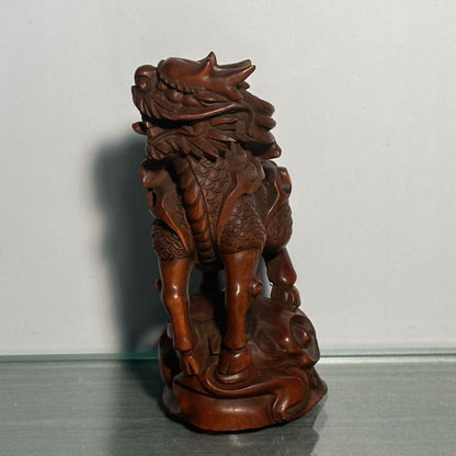 Chinese Boxwood Carving Unicorn Statue Decoration Woodwork Figurines Craft Gift