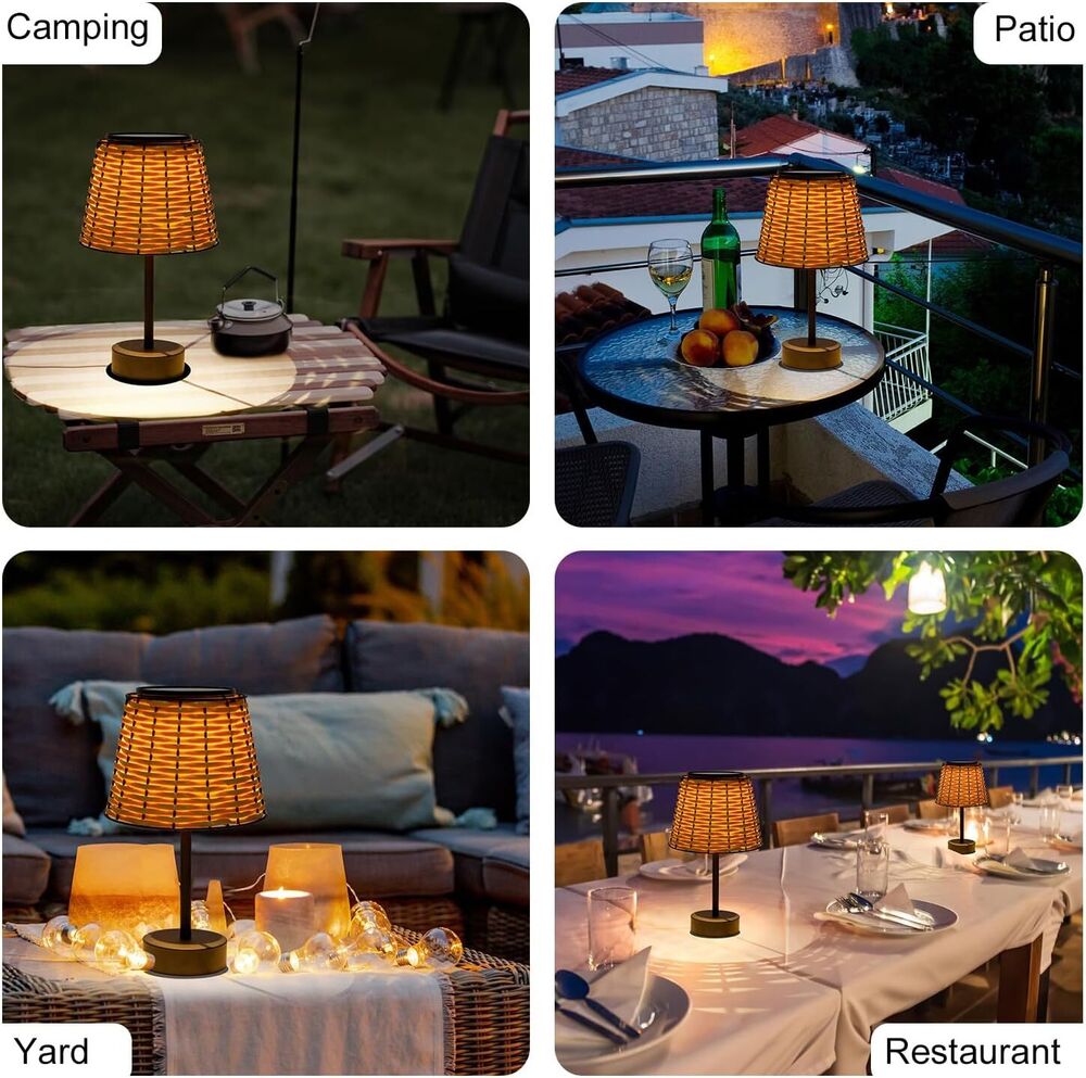 Handmade Rattan Solar Table Lamp for Outside LED Desk Waterproof Boho Decoration