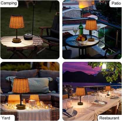 Handmade Rattan Solar Table Lamp for Outside LED Desk Waterproof Boho Decoration
