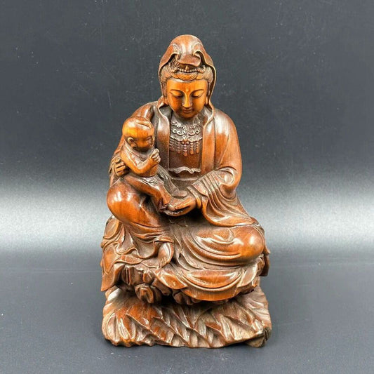 Collection Chinese Boxwood Carving Kwan Yin Statue Wooden Sculptures Home Decor
