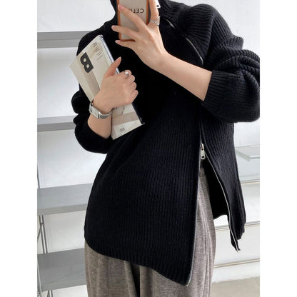 Women's Turtleneck Zipper Sweater Gray White Black High Neck Jumper