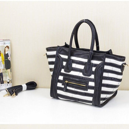 Women's Bag Luxury Genuine Leather Tote Handbags Black and White Shoulder Bag