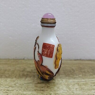 vintage carved painted peking glass bird charms cranes red white snuff bottle