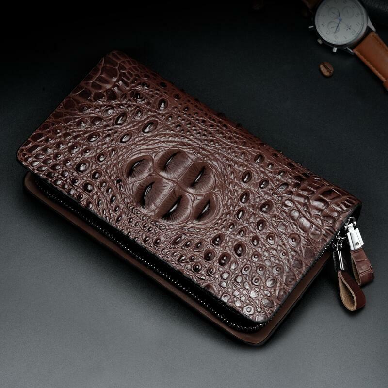 Business Clutch Bag Leather Crocodile Mens Double Zipper Long Wallet Card Holder