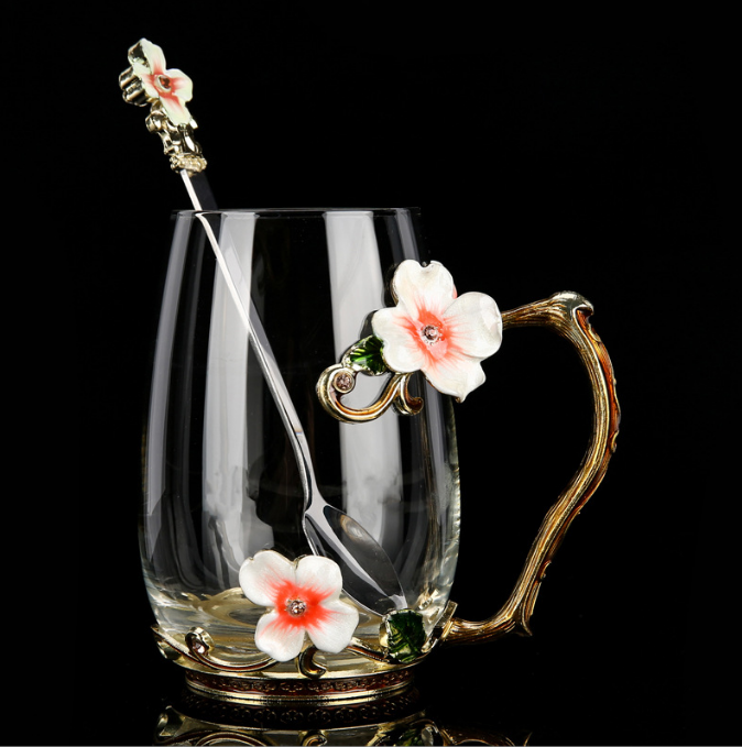 Enamel color water cup set with lid spoon crystal glass coffee cup tea cup