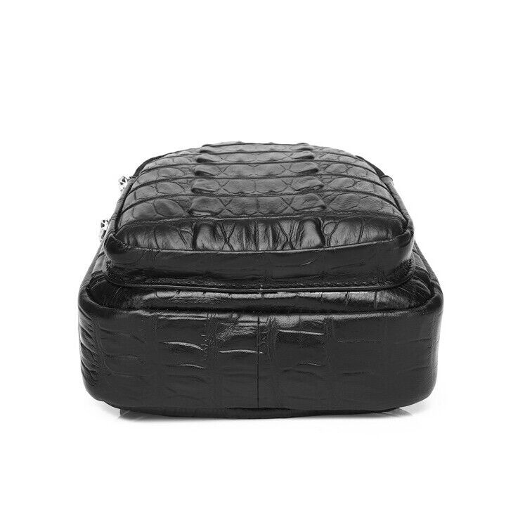 Black Real Leather Sling Backpack, Men's Crossbody Chest Bag Crocodile Print