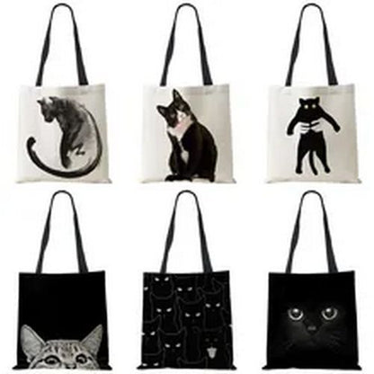 Tote Bags Black Cat Printed Linen Fabric Eco Handbag Shopping Reusable Shoulder