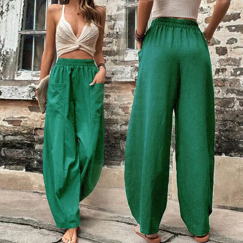 Women Summer Ice Silk Pocket Wide Leg Baggy Pants Elastic High Waist Trousers