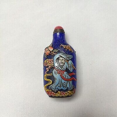 Old Beijing chinese colored glaze peking glass snuff bottle painted carved crane