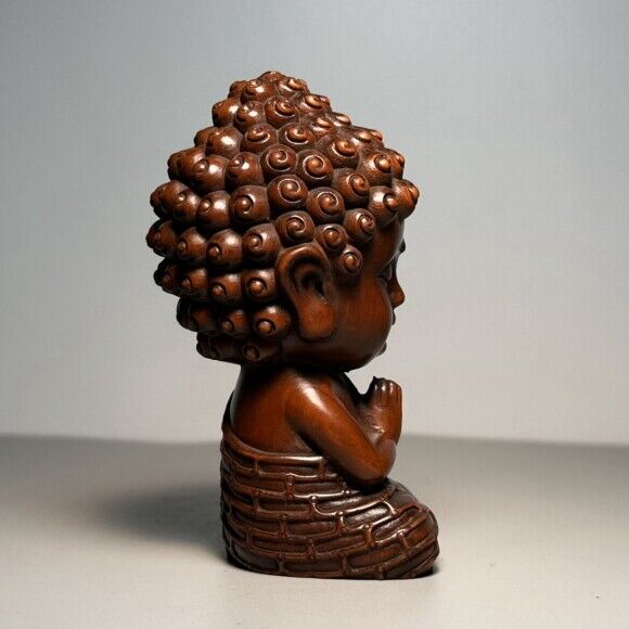 Vintage Chinese Boxwood Carved Baby Buddha Statue Ornament Wooden Figurine Gift