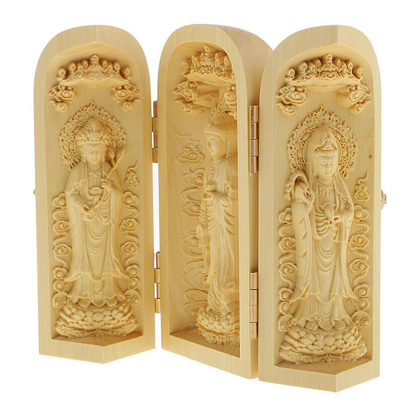 Buddha Statue Carved Wooden Sculpture Decor Three Open Box Home Ornaments NEW