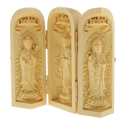 Buddha Statue Carved Wooden Sculpture Decor Three Open Box Home Ornaments NEW