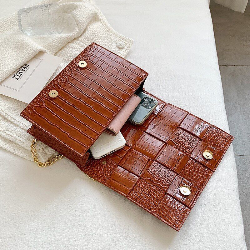 Pattern Pu Leather Bag Women Gold Chain Woven Square Bag Evening Party Clutch
