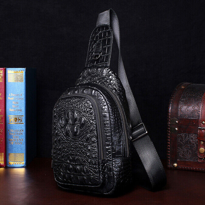 Men's Sling Backpack,100% Genuine Leather Crocodile Luxury Crossbody Bag Daypack