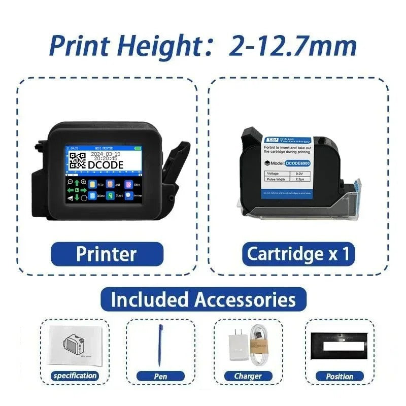 DCODE XMINI 12.7mm Portable Mini Handheld Inkjet Printer Text QR Barcode Machine