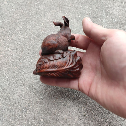 Wooden Carved Lucky Mini Rabbit Statue Gift Chinese Cabbage Money Ornament Decor