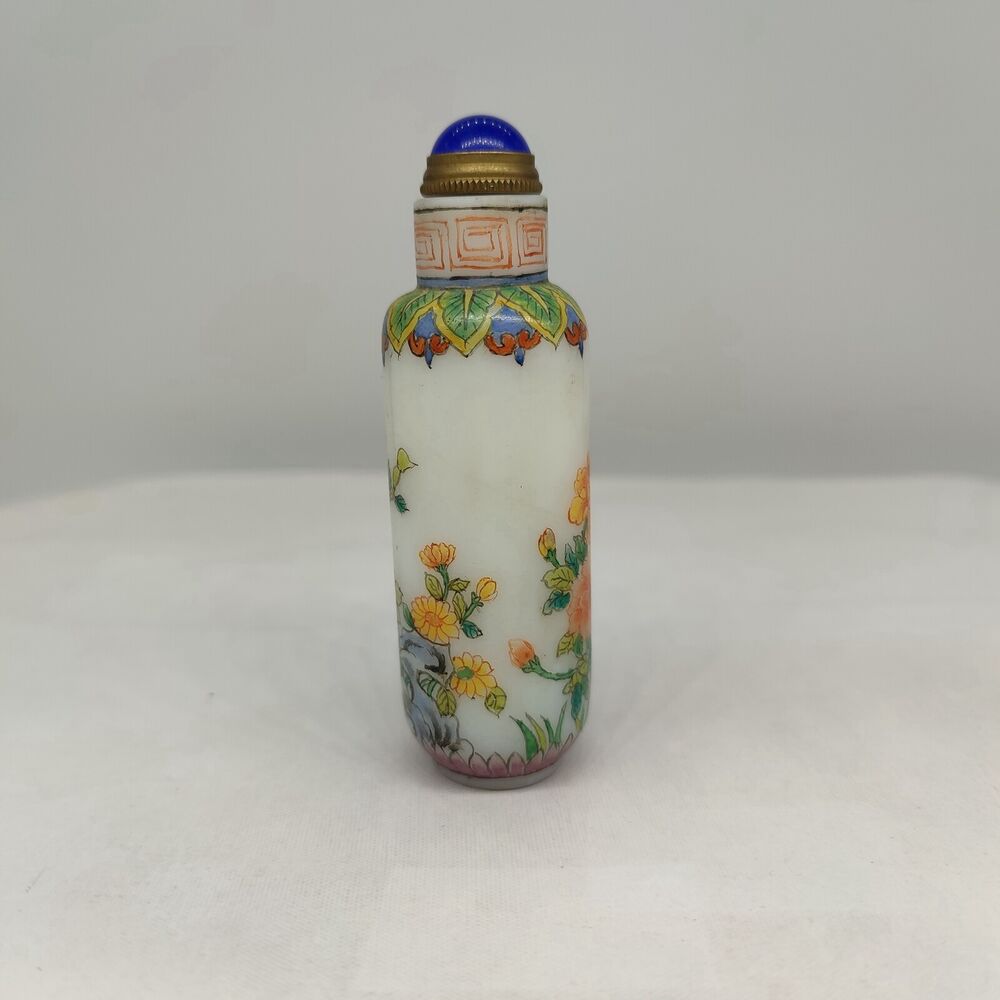 Old Bejing Peking Glass Snuff Bottle Hand Painted Flower Bird Colored Glaze rare