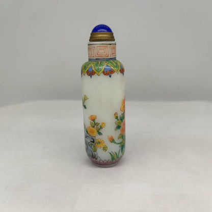 Old Bejing Peking Glass Snuff Bottle Hand Painted Flower Bird Colored Glaze rare