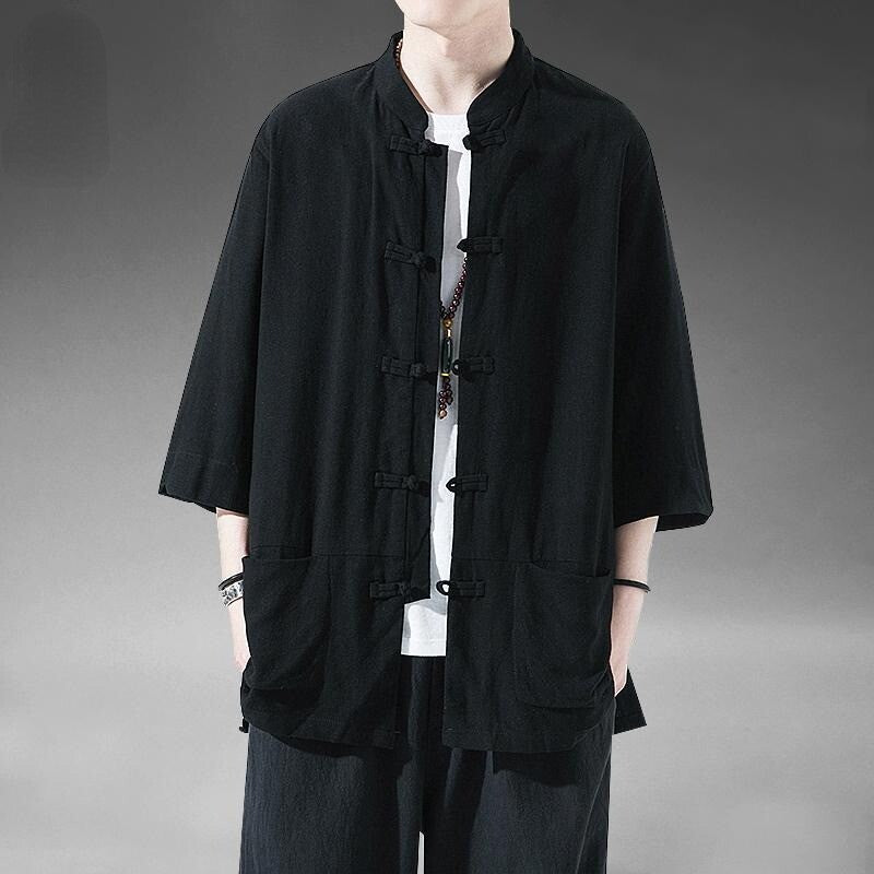 Chinese Tang Suit Men Retro Half Sleeve Shirt Kung Fu Tai Chi Jacket Hanfu Top