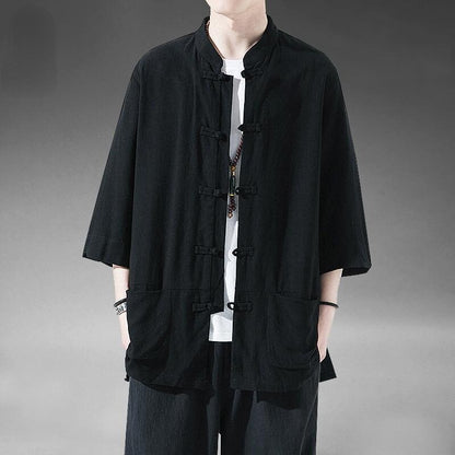 Chinese Tang Suit Men Retro Half Sleeve Shirt Kung Fu Tai Chi Jacket Hanfu Top