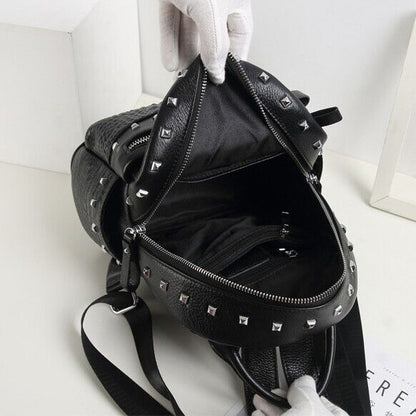 Top Cow Leather Black Women's bag, Soft Leather Crocodile Print Backpack Travel