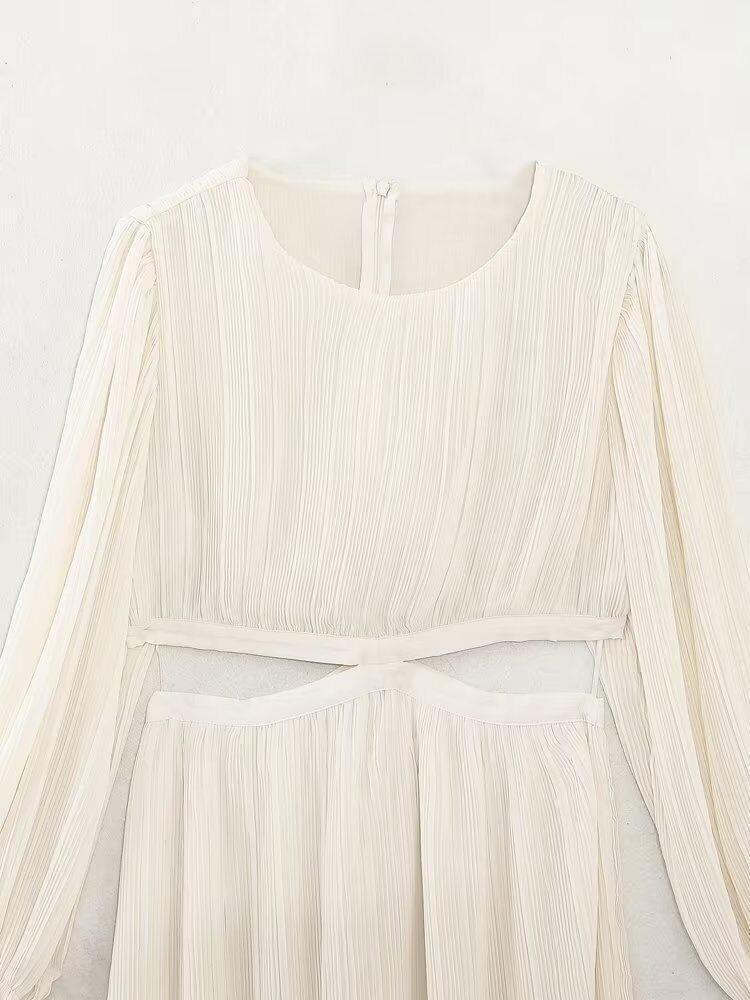 Women French Open Waist Trumpet Sleeve Fold Dress Vintage Female Dresses