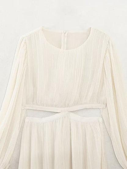 Women French Open Waist Trumpet Sleeve Fold Dress Vintage Female Dresses