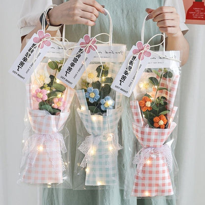 Crochet Flowers Bouquet Milk Cotton Hand-Knitted LED Light Gift Bag Floral Decor