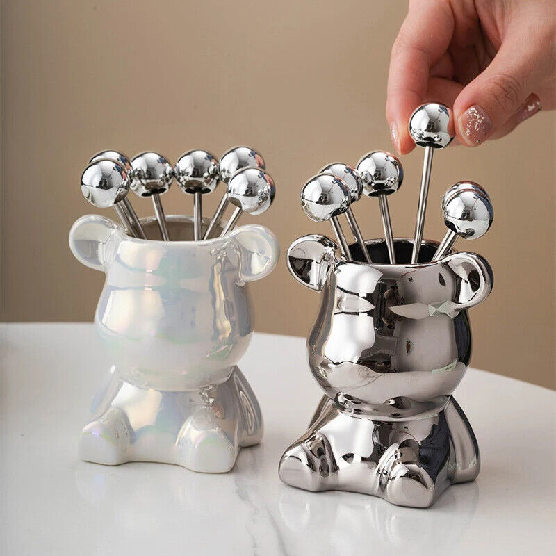 Dessert Forks 6Pcs Stainless Steel Fruit Pick W/ Storage Jar Bear Party Utensils