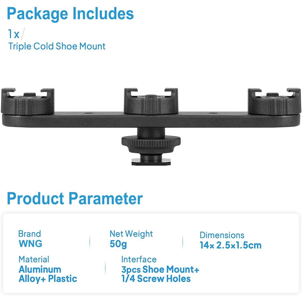 Triple Cold Shoe Mount Extension Bar Hot Shoe Adapter Camera Bracket w 1/4 Screw