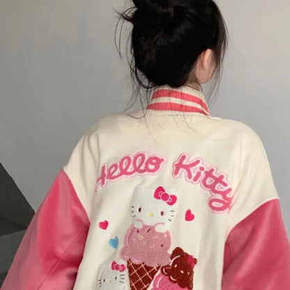 Cute womens Hello Kitty Loose Harajuku Jacket Street pink Baseball Uniform Coat