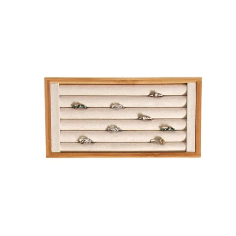 Jewelry Rings Display Holders Bamboo Beige Tray Organizer Stands 22.4x11.2x2.3cm