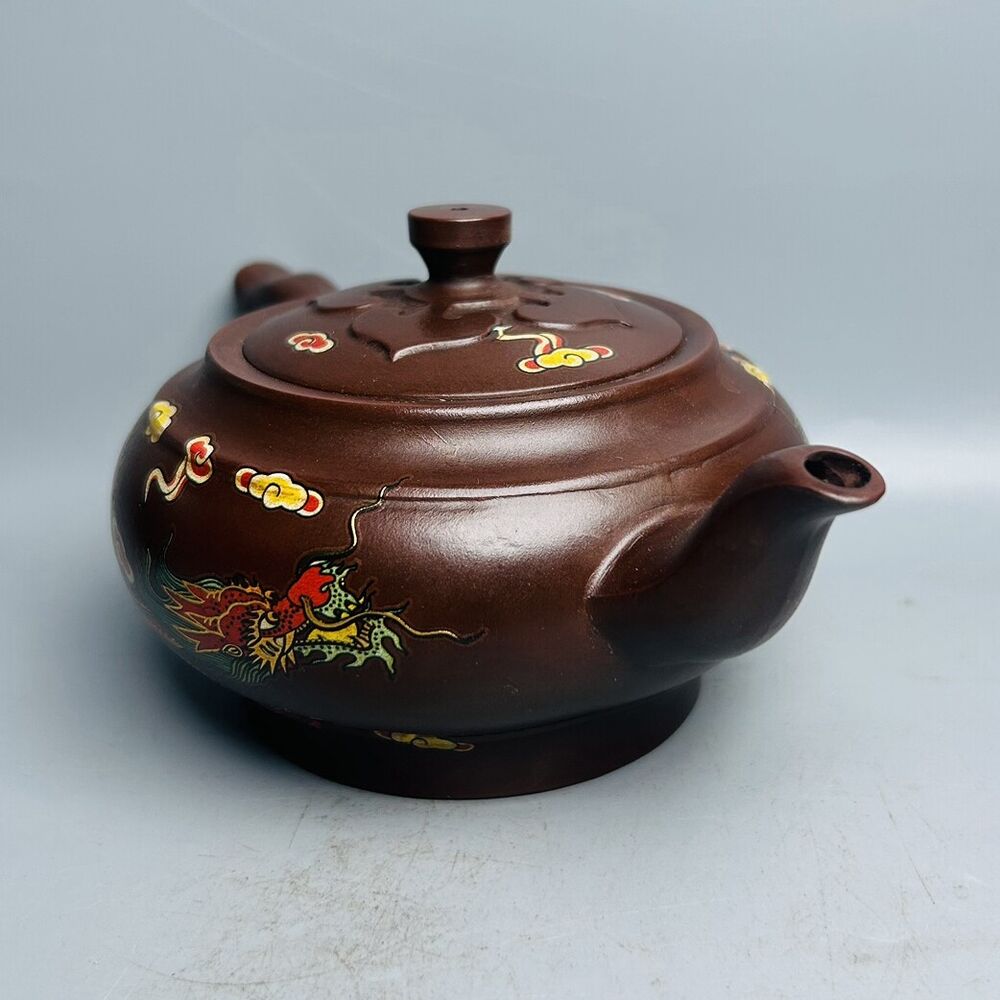 Vintage Chinese Yixing Purple Clay Teapot Zisha Ceremony Painted Dragon Teaware