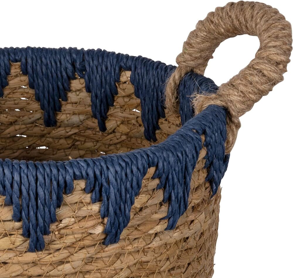 Woven Wicker Basket for Storing Essentials Rustic Decorative with Blue Deails