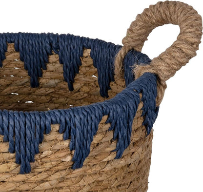Woven Wicker Basket for Storing Essentials Rustic Decorative with Blue Deails