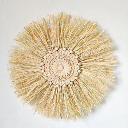 Wall Decor Boho Handmade Woven Straw Moroccan Wood Bead Hanging Ornament 45x45cm