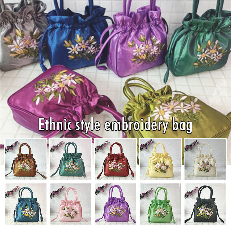Women Ethnic Embroidered Floral Satin Handbag Girls Drawstring Tote Hanfu Bag