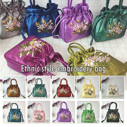 Women Ethnic Embroidered Floral Satin Handbag Girls Drawstring Tote Hanfu Bag