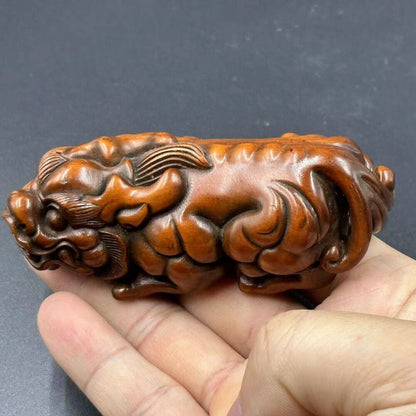 Antique Chinese Boxwood Carving Auspicious Beast Statue Figurine Christmas Gift