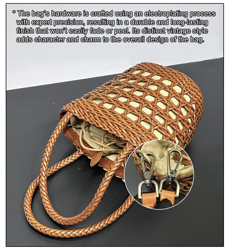 Small Woven Real Leather Drawstring Basket Bag Tote Bucket Beach Shoulder Bag
