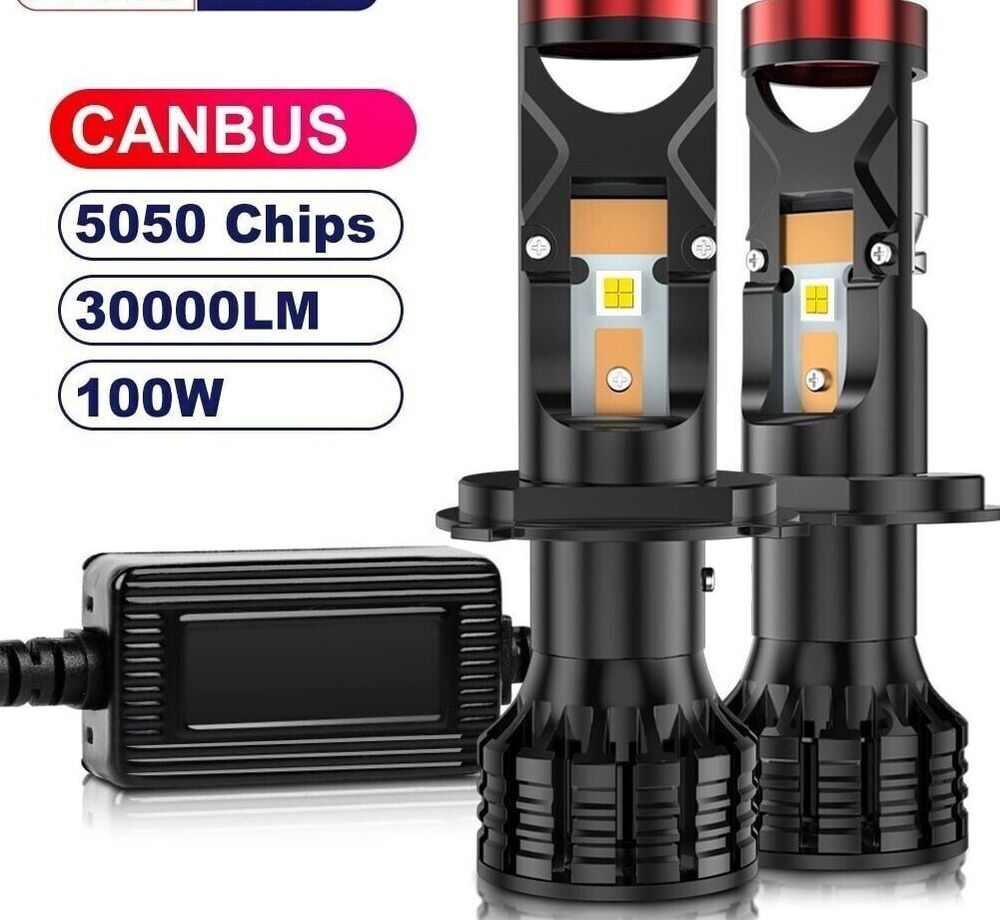Headlight Canbus Lamp H4 9003 H7 LED Mini Projector 3D Lens 100W 30000LM Bulb 2p