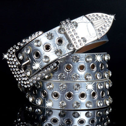 Women Leather Belt Rhinestone Fashion Men Casual Bling Jeans Waistband 110x3.3cm