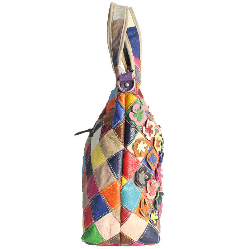 Designer Cow Leather Colorful Floral Patchwork Handbag Women's Tote Shoulder Bag