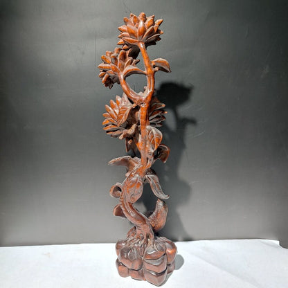 10" chinese boxwood carving Nature Scene bird sunflower Large statue home decor