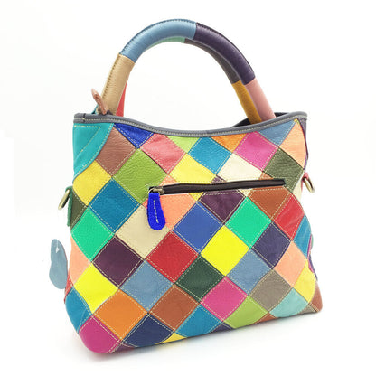 Multicolor Patch Real Leather Raw Edge Tote Shoulder Bag Purse Crossbody Handle