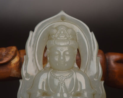 Chinese Antique Hetian Jade Carved Kwan Yin Statue Good Luck Pendant Jewelry Art