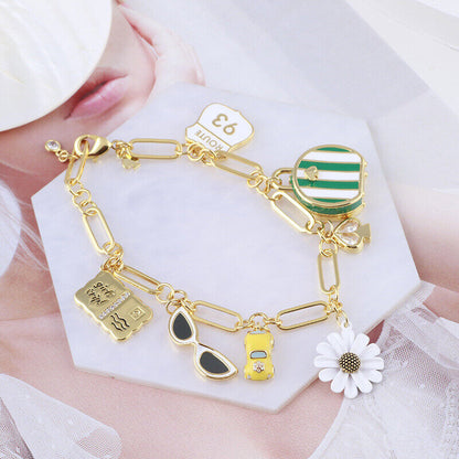 Kate Spade Enamel Glaze Daisy Car Handbag Glasses Pendant Charm Fashion Bracelet