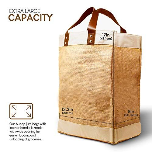 Reusable Jute French Market Tote Burlap Grocery Bags with X-Large, S-brown