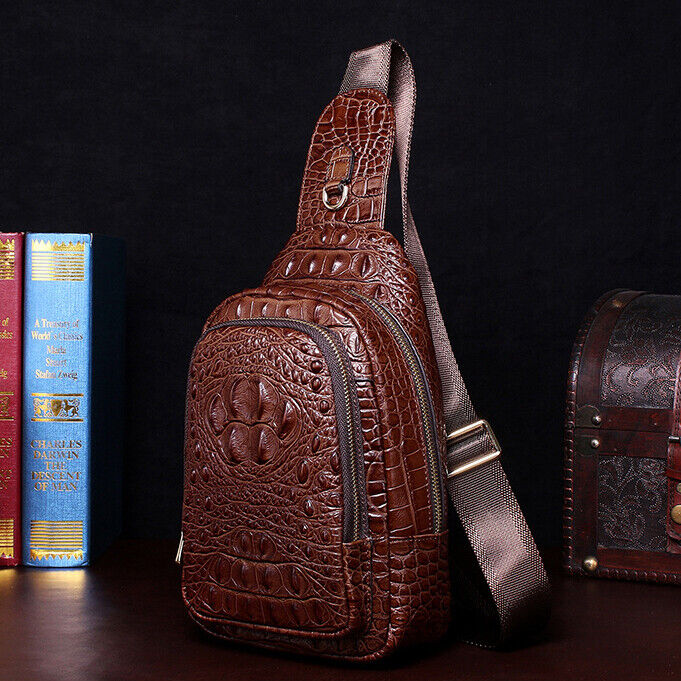 Men's Sling Backpack,100% Genuine Leather Crocodile Luxury Crossbody Bag Daypack