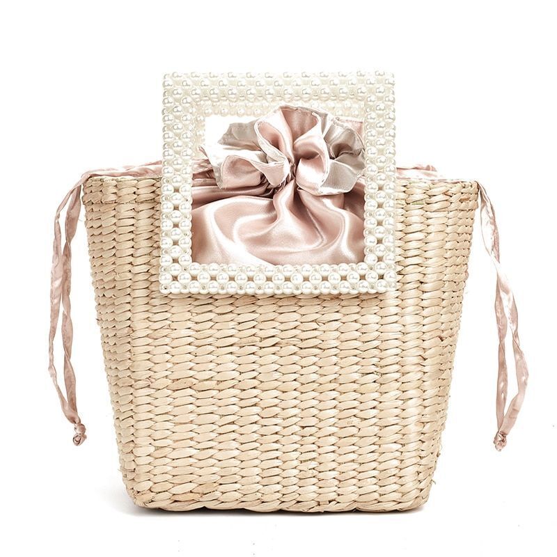 Pearl Straw Bag Fashionable Shoulder Bag Seaside Vacation Handbag Polyester 1 PC
